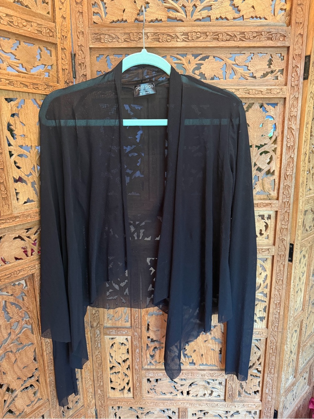 petite pois Black Sheer Open-Front Draped Cardigan